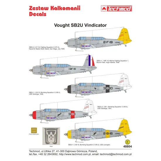 Techmod 48804 1/48 Vought Sb2u Vindicator 1938-41 Us Dive Bomber Wet Decal Wwii