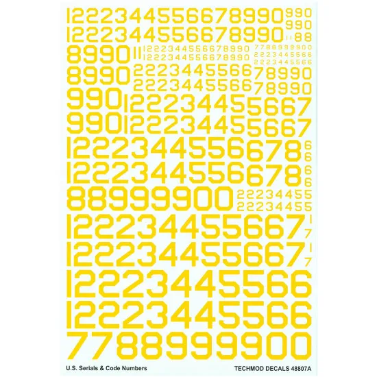 Techmod 48807 1/48 U.s. Serial And Code Numbers, Yellow For Aircraft Wet Decal