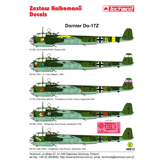 Techmod 48812 1/48 Dornier Do 17z German Bomber Wet Decal Wwii W/Mask Canopy