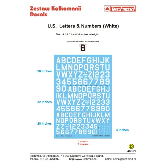Techmod 48821 1/48 U.s. Letters And Numbers In White For Aircraft Wet Decal 2pcs