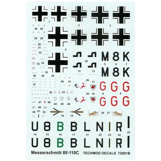 Techmod 72001 1/72 Messerschmitt Bf 110c German Fighter 1939-1941 Wet Decal Wwii