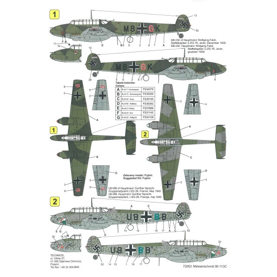 Techmod 72001 1/72 Messerschmitt Bf 110c German Fighter 1939-1941 Wet Decal Wwii