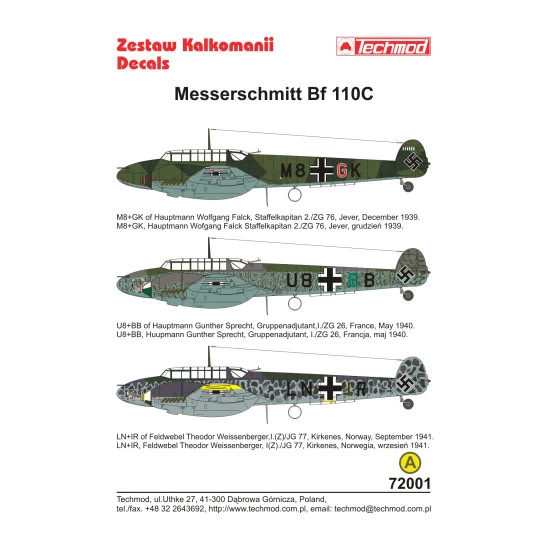 Techmod 72001 1/72 Messerschmitt Bf 110c German Fighter 1939-1941 Wet Decal Wwii
