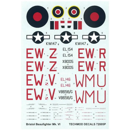Techmod 72005 1/72 Bristol Beaufighter Vi 1942-1943 Aircraft Wet Decal Wwii
