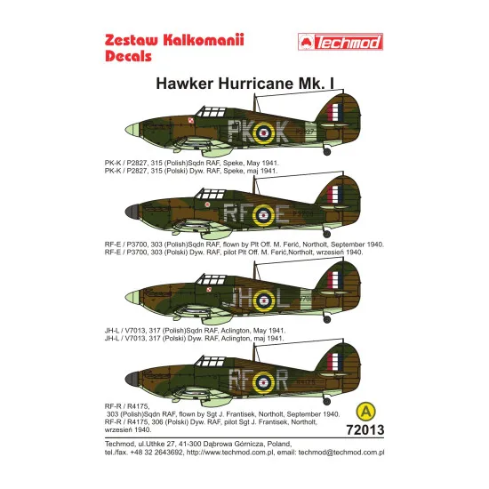 Techmod 72013 1/72 Hawker Hurricane Mk I Polish Fighter 1940-1941 Wet Decal Wwii