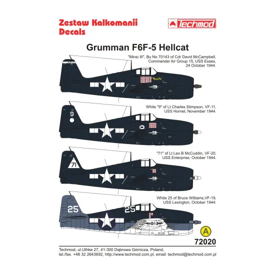 Techmod 72020 1/72 Grumman F6f-5 Hellcat 1944 Aircraft Wet Decal Wwii
