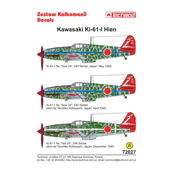 Techmod 72027 1/72 Kawasaki Ki-61 Hien Tei 1945 Japan Aircraft Wet Decal Wwii