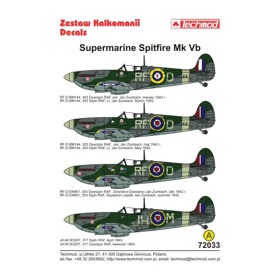 Techmod 72033 1/72 Supermarine Spitfire Mk Vb Polish Figher Aircraft Wet Decal
