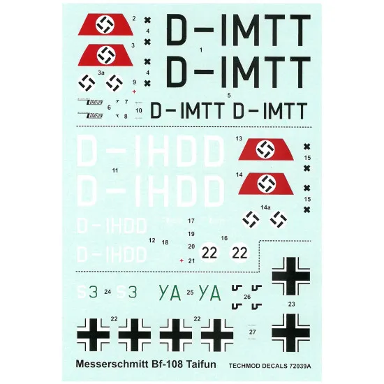 Techmod 72039 1/72 Messerschmitt Bf 108 Taifun Aircraft Wet Decal Wwii