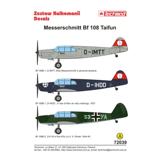 Techmod 72039 1/72 Messerschmitt Bf 108 Taifun Aircraft Wet Decal Wwii