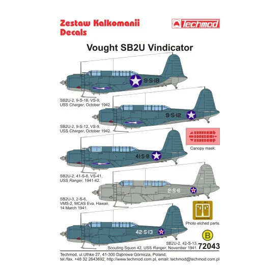 Techmod 72043 1/72 Vought Sb2u Vindicator Us Dive Bomber Aircraft Wet Decal Wwii