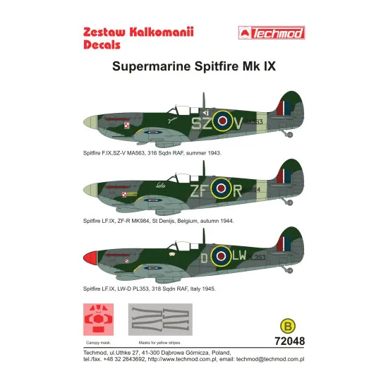 Techmod 72048 1/72 Supermarine Spitfire F.ix Polish Aircraft Wet Decal Wwii