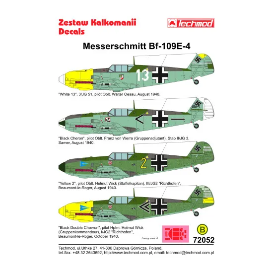Techmod 72052 1/72 Messerschmitt Bf-109e-4 1940 Aircraft Wet Decal Wwii