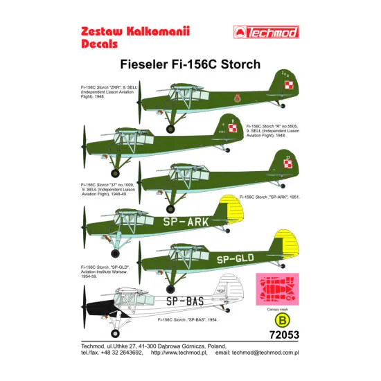 Techmod 72053 1/72 Fieseler Fi-156c Storch 1940 Aircraft Wet Decal Post-wwii W/Mask