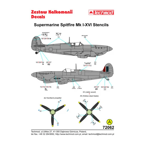 Techmod 72062 1/72 Supermarine Spitfire Mk I-xvi Stencils Aircraft Wet Decal