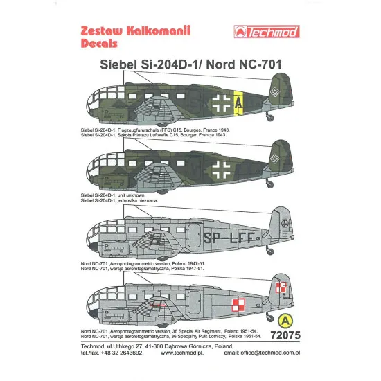 Techmod 72075 1/72 Siebel Si-204d German Trainer Aircraft Wet Decal Wwii