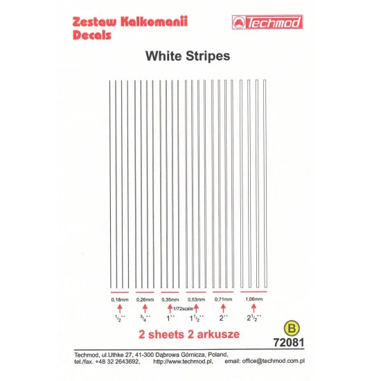 Techmod 72081 1/72 White Stripes In Different Sizes Wet Decal Wwii