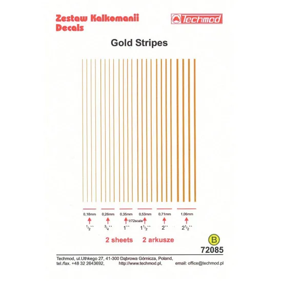 Techmod 72085 1/72 Golden Stripes In Different Sizes Aircraft Wet Decal