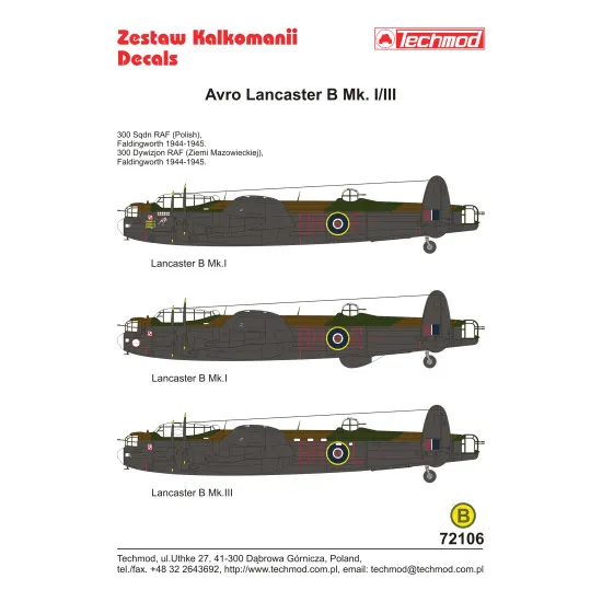 Techmod 72106 1/72 Avro Lancaster B Mk. I/Iii 1944-45 Polish Aircraft Wet Decal