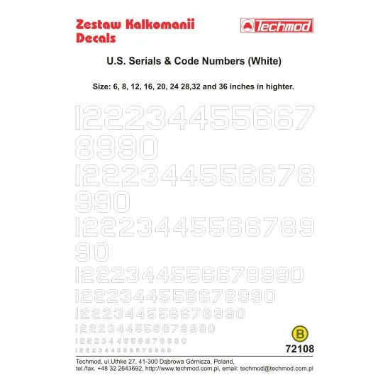 Techmod 72108 1/72 Us Serials And Code Numbers White Aircraft Wet Decal Wwii