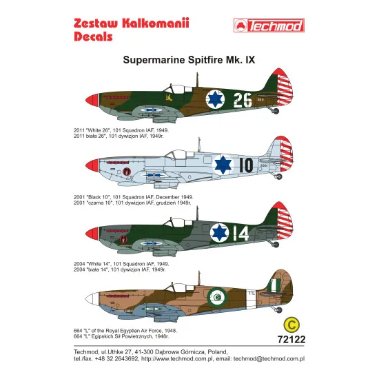 Techmod 72122 1/72 Supermarine Spitfire Mk Ix Israel Aircraft Wet Decal 1948-49