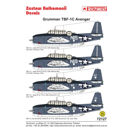 Techmod 72127 1/72 Grumman Avenger Tbf-1c Us Torpedo Bomber Aircraft Wet Decal 1944