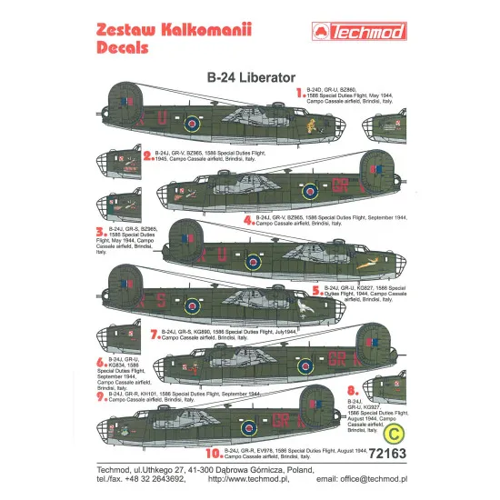 Techmod 72163 1/72 Liberator B-24 Brindisi, Italy 1944-1945 Aircraft Wet Decal