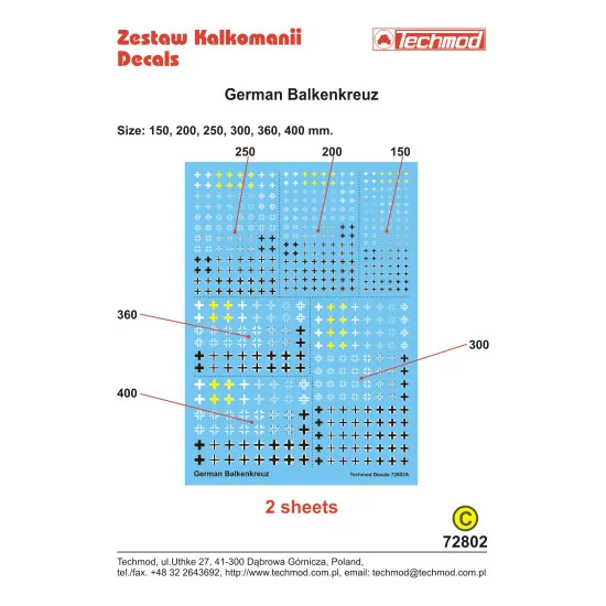 Techmod 72802 1/72 German Balkenkreuze Different Sizes Wet Decal 2 Sheets
