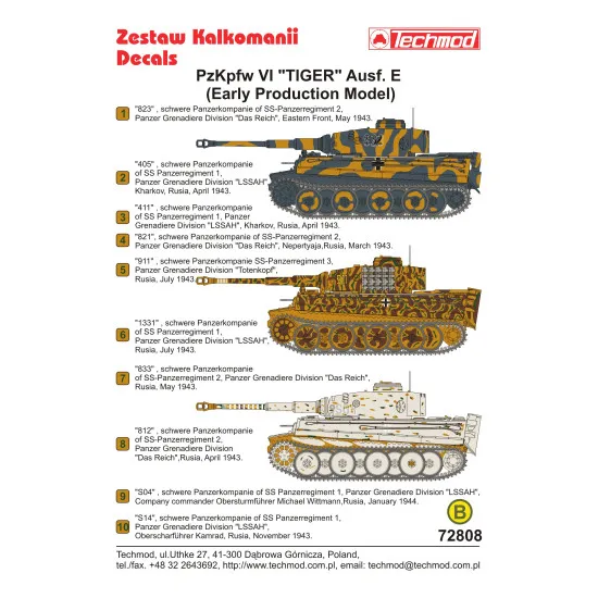 Techmod 72808 1/72 Pz Kpfw Vi Tiger Ausf E Tank Early Production Wet Decal 1943