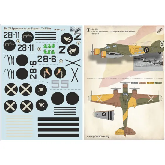 Print Scale 72-388 - 1/72 SM-79 in the Spanish Civil War (wet decal for aircraft)