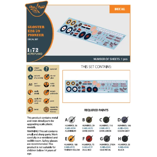 Clear Prop CPD72002 - 1/72 Gloster E28/39 Pioneer decal set for model kit
