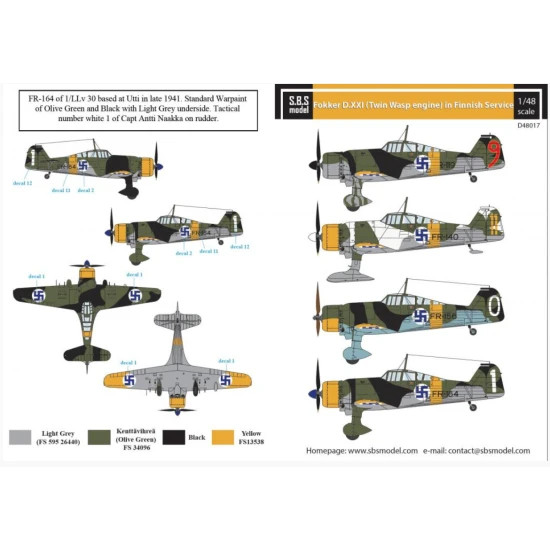Sbs D48017 1/48 Fokker D Xxi Twin Wasp Engine In Finnish Service For Special Hobby