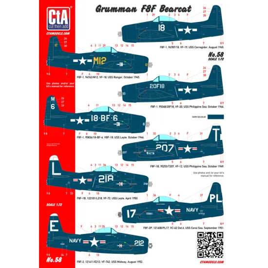 Cta Models 058 1/72 Decal Grumman F8f Bearcat All Types Of This Aircraft, Usn