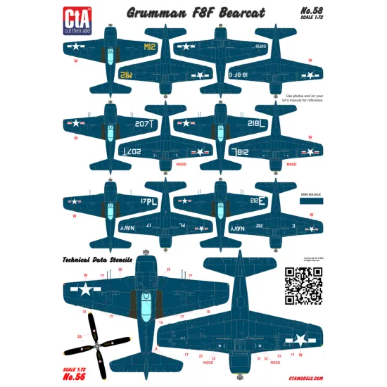 Cta Models 058 1/72 Decal Grumman F8f Bearcat All Types Of This Aircraft, Usn