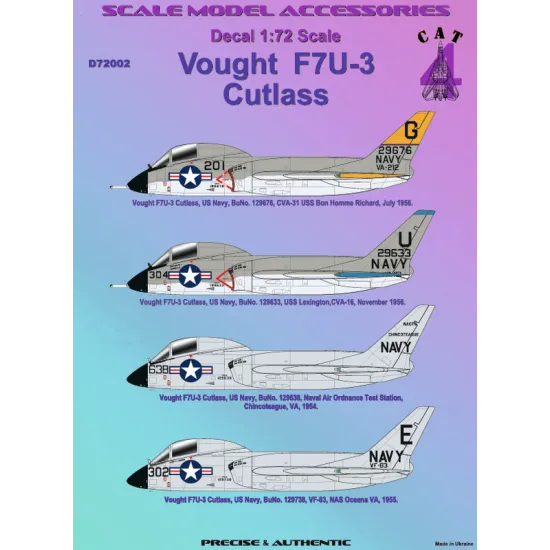 Cat4 D72002 1/72 Decal For Vought F7u-3 Cutlass Us Navy