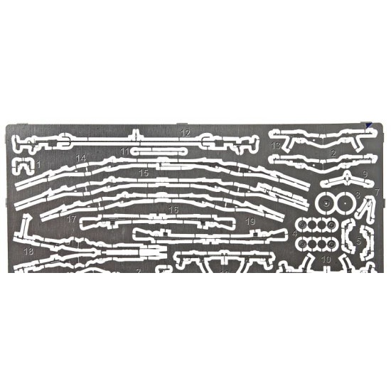 PHOTOETCHED SET SOVIET WWII HAND WEAPONS (NAGANT, MOSIN KAR. MOD. 38, TT, PPS-43, PPSH, PTRD, SVT) 1/72 ACE PE7227