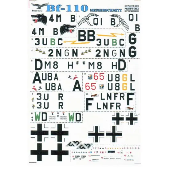 DECAL 1/72 FOR MESSERSCHMITT ME-110 1/72 PRINT SCALE 72-035