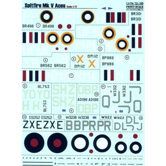 DECAL 1/72 FOR SPITFIRE MK V ACES 1/72 PRINT SCALE 72-155