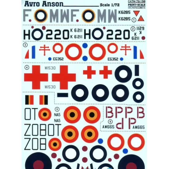 DECAL FOR AVRO ANSON 1/72 PRINT SCALE 72-156