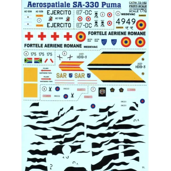 DECAL FOR AEROSPATIALE SA.330 PUMA 1/72 PRINT SCALE 72-162