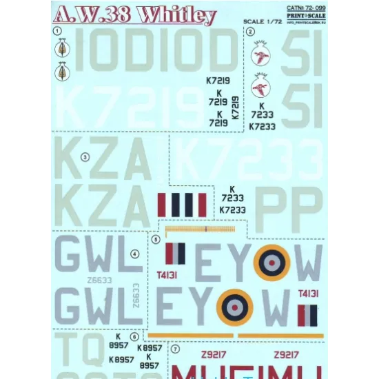 DECAL FOR ARMSTRONG WHITWORTH A.W.38 WHITLEY 1/72 PRINT SCALE 72-099