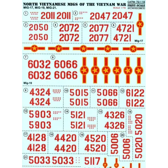DECAL 1/72 FOR NORTH VIETNAMESE MIGS OF THE VIETNAM WAR 1/72 PRINT SCALE 72-116