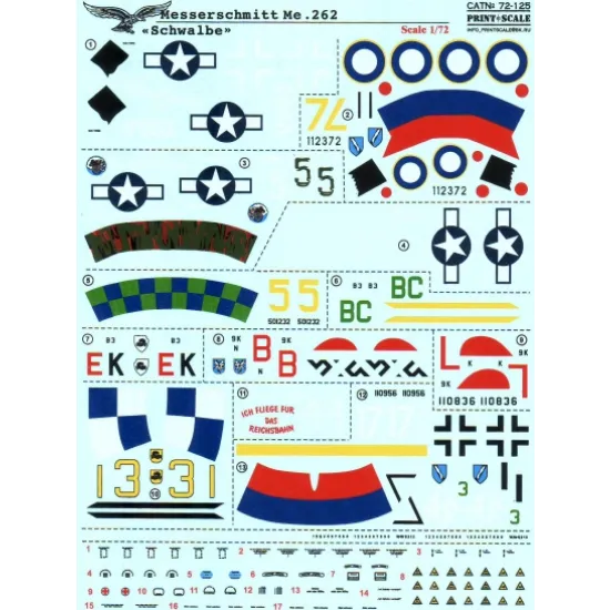 DECAL 1/72 FOR MESSERSCHMITT ME.262 SCHWALBE PRINT SCALE 72-125