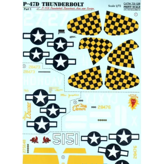 DECAL FOR P-47D THUNDERBOLT RAZORBACK ACES OVER EUROPE, PART1 1/72 PRINT SCALE 72-128