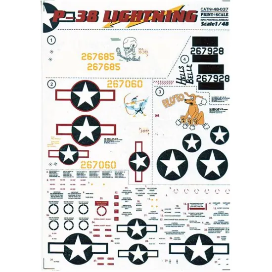 DECAL FOR JET FIGHTER P-38 LIGHTNING PART 2 1/48 PRINT SCALE 48-037