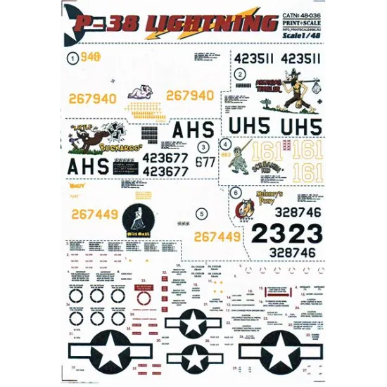 DECAL 1/48 FOR P-38 LIGHTNING PART 1 1/48 PRINT SCALE 48-036