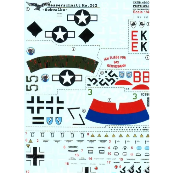 DECAL FOR MESSERSCHMITT ME.262 SCHWALBE 1/48 PRINT SCALE 48-100