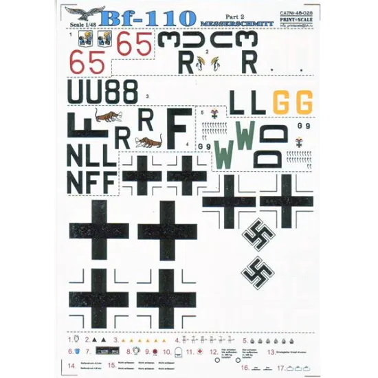 DECAL FOR JET FIGHTER MESSERSCHMITT ME-110 PART2 1/48 PRINT SCALE 48-028