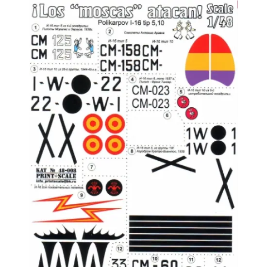 DECAL FOR LOS MOSCAS ATAKAN I-16 IN SPAIN 1/48 PRINT SCALE 48-067