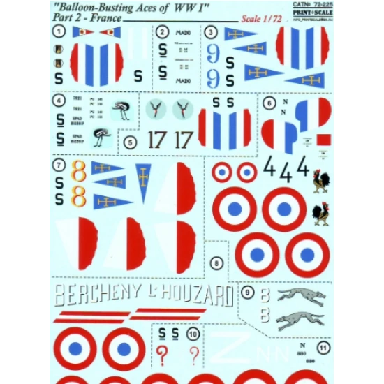 DECAL FOR BALLOON-BUSTING ACES OF WWI, PART 2 - FRANCE 1/72 PRINT SCALE 72-225